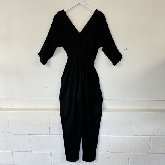 Milly Silk V Neck 3/4 Sleeve Pleated Belted Pant Jumpsuit Dressy Black Size 0 - Picture 2 of 16